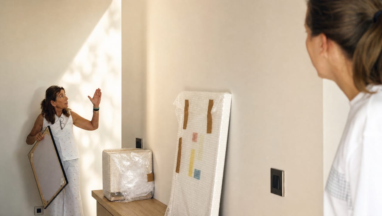 Margit Schmeide holding a framed picture against the wall to judge its position