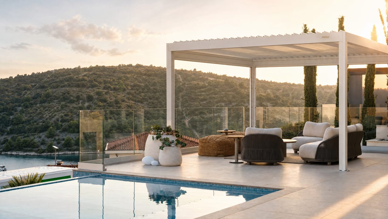 A terrace above the Adriatic at Sevid Bay, looking across the pool to the headland